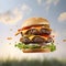 Delicious flying double burger on sky blue background with grass. Food levitation. Juicy cheeseburger flying in the air. Fastfood