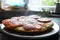 Delicious fragrant pizza on a plate with zucchini, tomatoes and cheese