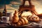 Delicious french croissants on romantic background of Eiffel tower, Paris. AI