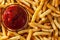 Delicious french fries and ketchup - top view