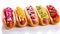 Delicious french hot dogs with various sauces on white background, perfect for text placement