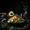 Delicious fresh appetizing salad of avocado with shrimp, healthy food, close-up,