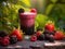 Delicious fresh berries smoothie served outside on a sunny day. Healthy fitness snack.