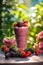 Delicious fresh berries smoothie served outside on a sunny day. Healthy fitness snack.