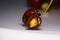 Delicious fresh cherry bitten and eaten by bird with stem and stone close up macro