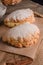 Delicious fresh culinary baked goods- sweet shortbreads with filling close-up on wooden