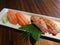 Delicious fresh gril salmon sushi and salmon sushi