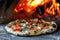Delicious fresh Italian pizza lies near the oven, baked in a wood-burning oven