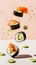 Delicious fresh salmon nigiri and sushi rolls floating on light background. Aesthetic food concept. Generative AI