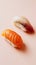 Delicious fresh salmon and tuna nigiri. On light background. Asiatic cuisine. Aesthetic food concept. Generative AI