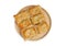 Delicious fresh square butter pie bread on wooden plate on a white background .