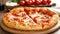 Delicious freshly baked stuffed crust New York style cheesy pepperoni pizza. Cut out levitating slice