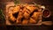 Delicious Fried Chicken Slices On Wooden Tray - Top View