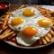delicious fried eggs with crunchy french fries on the side on a big plate