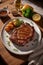 Delicious fried meat steak on a wooden plate professional photo, cinematic light, high quality product image