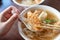 Delicious fried narrow-barred Spanish mackerel fish fillet with rice and noodles in thick soup in Taiwan