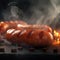 Delicious fried sausage with flames on a dark background, filled with taste and irresistible aroma. Ideal for BBQ. Generative ai