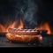 Delicious fried sausage with flames on a dark background, filled with taste and irresistible aroma. Ideal for BBQ. Generative ai