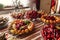 Delicious fruit table at wedding reception, luxury catering in r