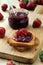 Delicious fruits jam and toasts, tasty breakfast