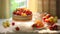 Delicious fruity cream cake on a beautifully laid and served table on a white tablecloth. Fresh fruits and berries