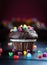 Delicious and funny Chocolate Muffin with candies on wooden table with bokeh