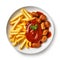 Delicious German Currywurst with Fries on a Plate .