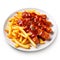 Delicious German Currywurst with Fries on a Plate Isolated on White Background .