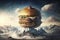 Delicious giant hamburger on top of a mountain. Generative AI.