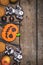 Delicious Ginger Biscuits Cookies and Apples for Halloween on Wooden Background Halloween Background Vertical view From Above