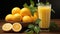 Delicious glass of orange juice, next to orange fruits