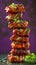 Delicious Glazed Barbecue Ribs Stacked High with Fresh Herbs on Purple Background, Perfect for Menu or Food Advertisements