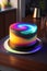 Delicious glowing galaxy cake on a dining table in the kitchen, comfortable light ,romantic light, ultra details ,photorealistic,