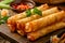 Delicious Golden Brown Fried Spring Rolls on Wooden Table with Sauce and Greens