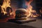 Delicious gourmet burger on cutting board with fire in the background. Ai generated art