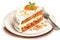 Delicious Gourmet Creamy Carrot Cake Slice on White Plate with Homemade Cream Cheese Icing, A Tasty Homemade Dessert