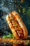 Delicious Gourmet Hot Dog with Sesame Bun and Toppings with Flying Sesame Seeds and Bokeh Background