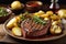 Delicious Grilled Beefsteak with Grilled Potatoes In A Plate