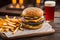 Delicious grilled burger with fries and beer, AI Generative