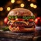 Delicious grilled burgers. Fresh tasty burger on bokeh background