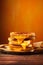 Delicious grilled cheese sandwich on wooden table. Toned image.
