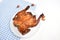 Delicious grilled chicken in white background, barbecue, food, whole roasted chicken, bbq, chicken rotisserie, acorn, flat lay, to