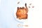 Delicious grilled chicken in white background, barbecue, food, whole roasted chicken, bbq, chicken rotisserie, acorn, flat lay, to