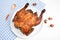 Delicious grilled chicken in white background, barbecue, food, whole roasted chicken, bbq, chicken rotisserie, acorn, flat lay, to