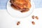 Delicious grilled chicken in white background, barbecue, food, whole roasted chicken, bbq, chicken rotisserie, acorn, flat lay, to