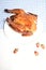 Delicious grilled chicken in white background, barbecue, food, whole roasted chicken, bbq, chicken rotisserie, acorn, flat lay, to