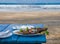 Delicious grilled fish on blue table. Ocean waves on background.