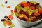 Delicious gummy bear candies on light table, closeup