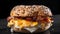 Delicious hamburger with bacon, cheese and egg on black background