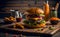 Delicious Hamburger Beef Burgers and French Fries on Wooden Board